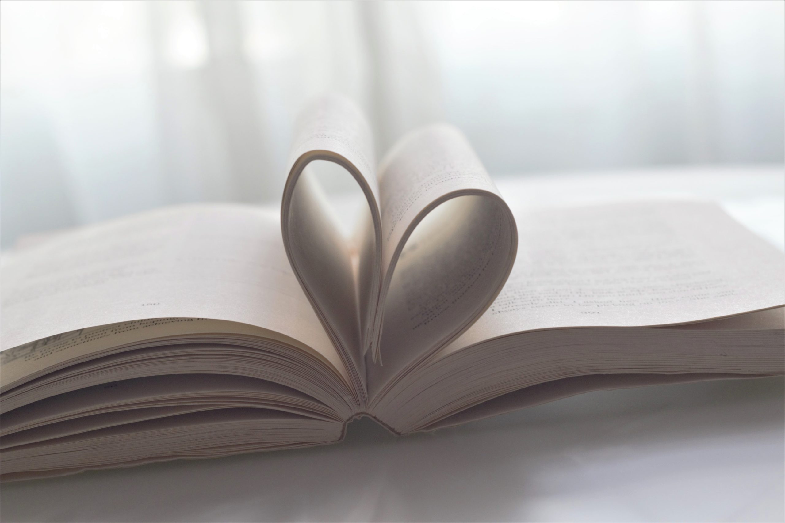 An open book with center pages folded into the shape of a heart.