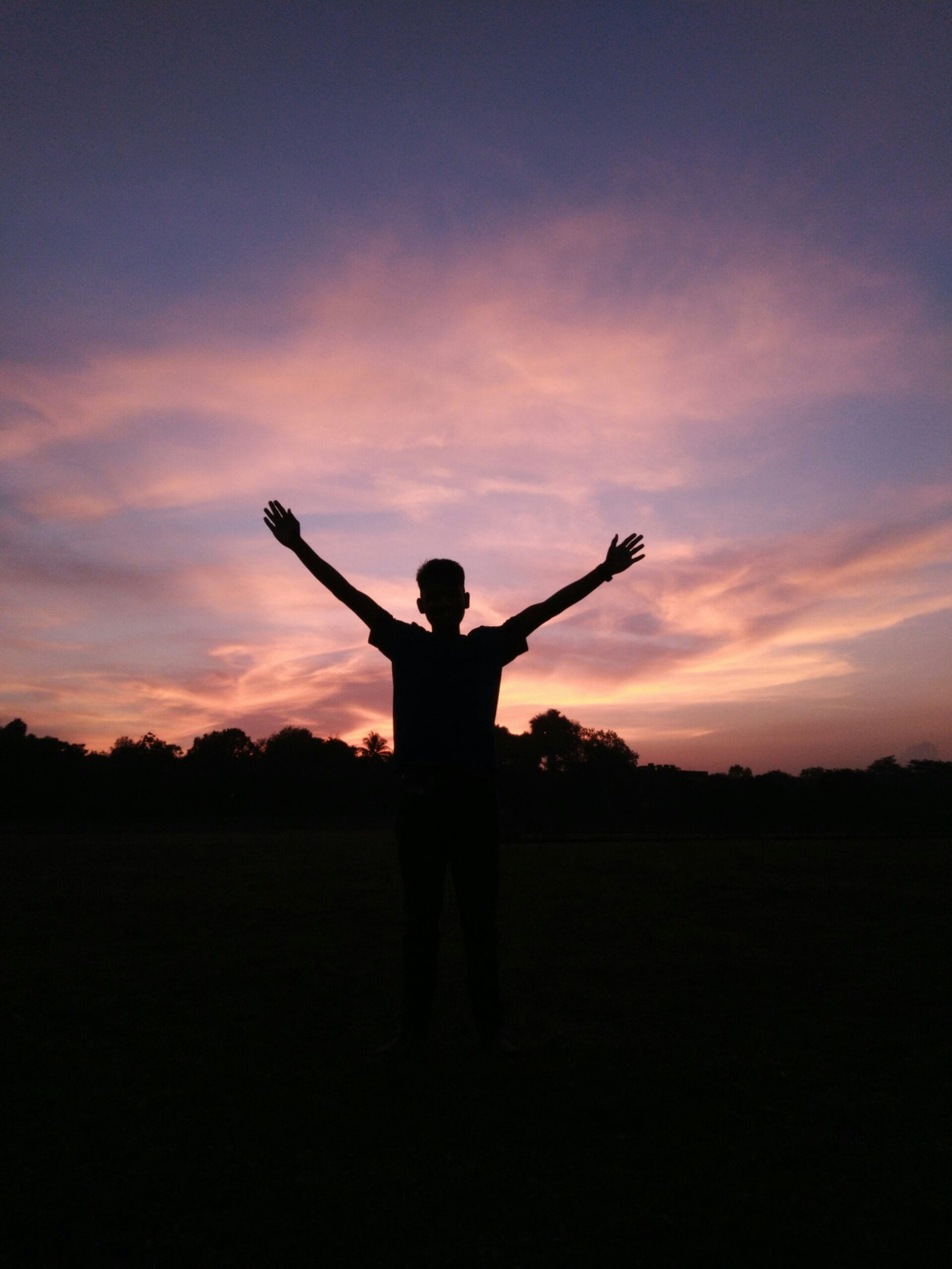 Silhouette of person raising arms in victory against a sunset sky.